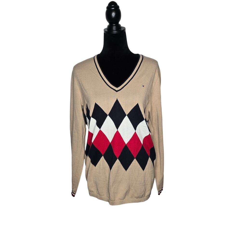 Tommy Hilfiger Women’s Large Argyle Preppy V-Neck Sweater 100% Cotton